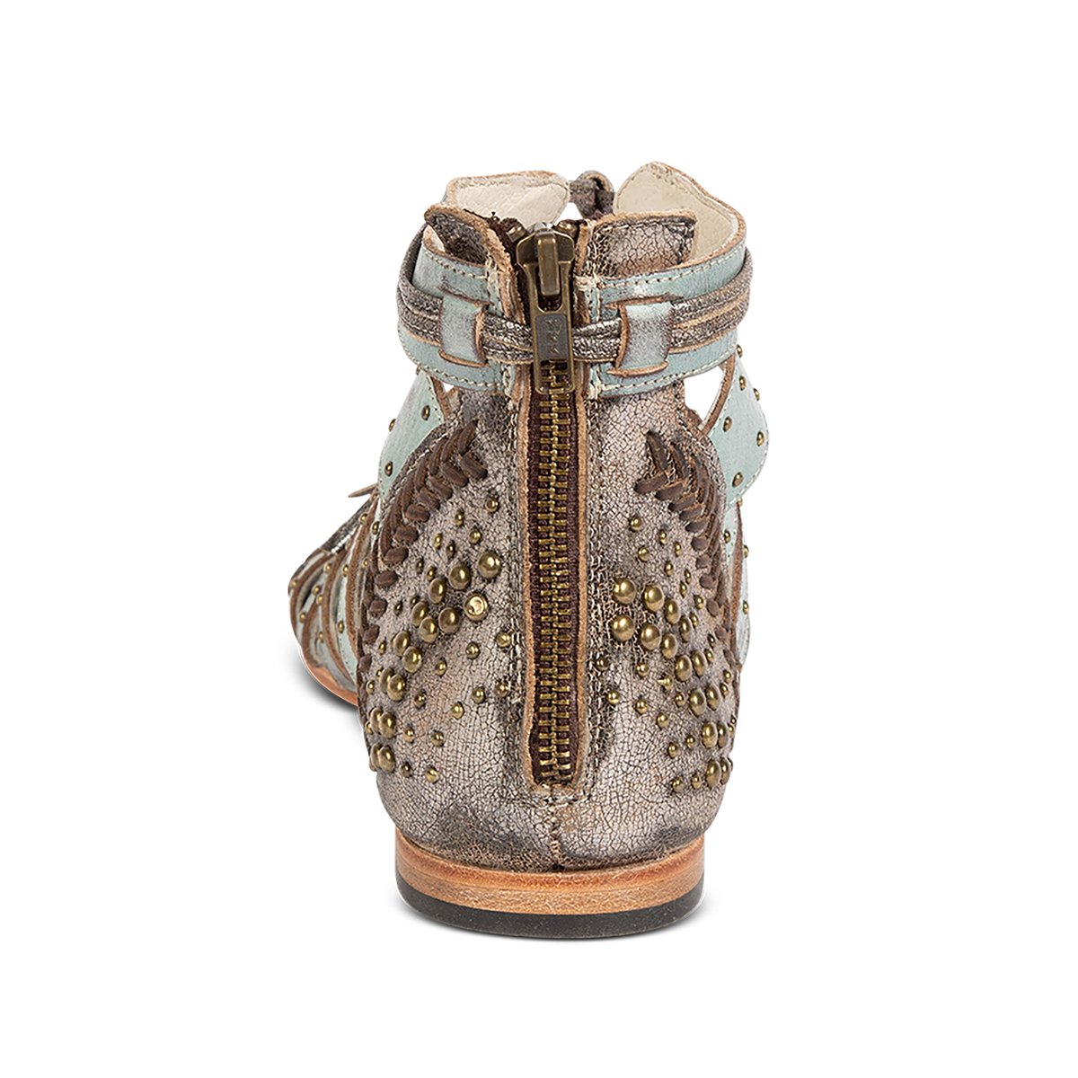 Back view showing FREEBIRD STORES women's Swan blue leather sandal with two toned leather, stud detailing and a brass zipper closure