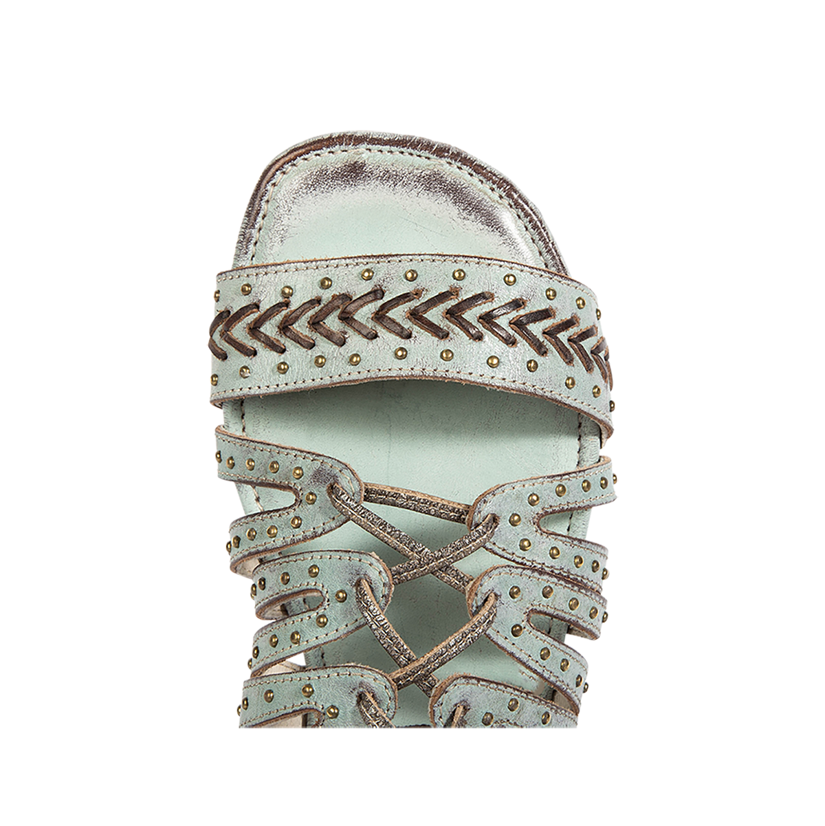 Top view showing chevron stitching, stud embellishments and open toe construction on FREEBIRD women's Swan blue leather sandal 