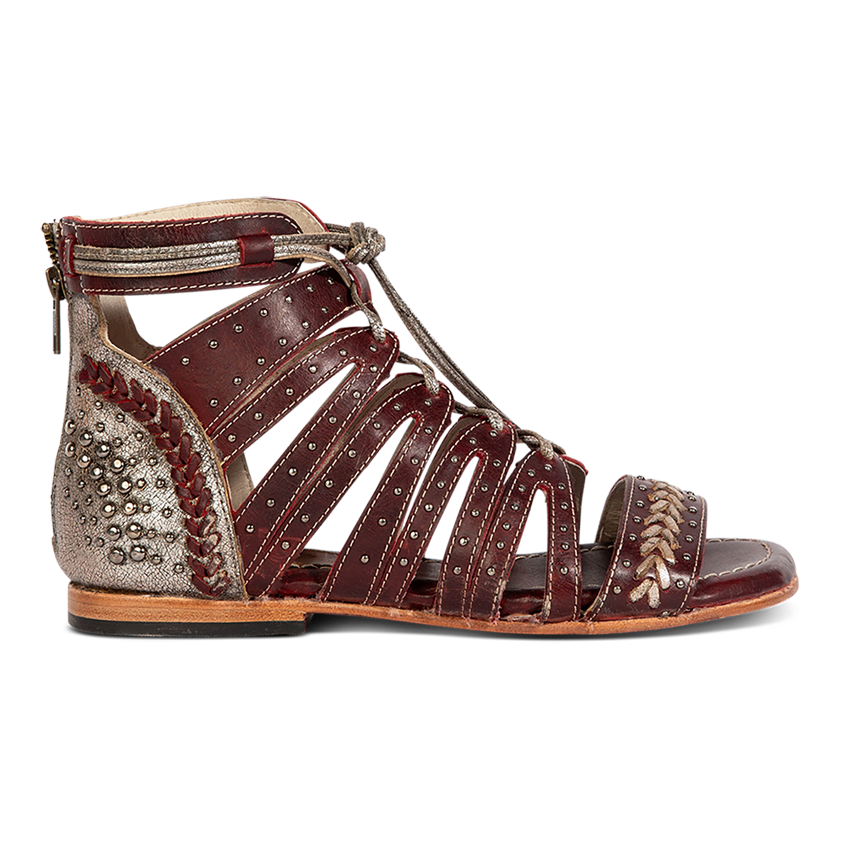 FREEBIRD STORES women's Swan red leather sandal with two toned leather, stud detailing and a leather lace front closure 