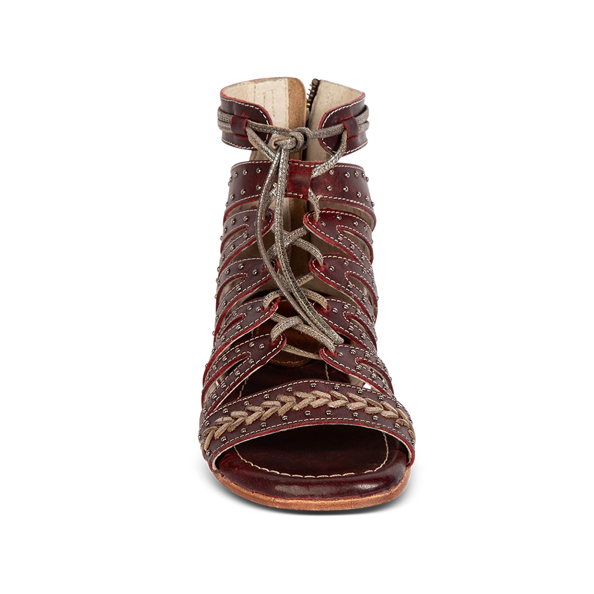 Front view showing FREEBIRD STORES women's Swan red leather sandal with stud detailing, leather lace front closure  and chevron stitch detailing