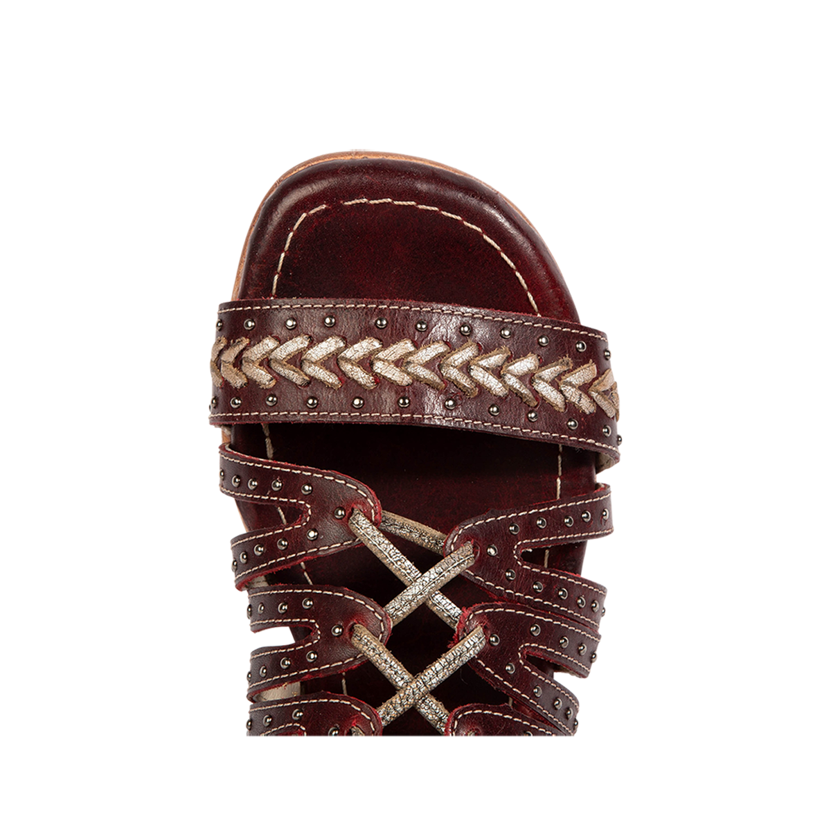 Top view showing chevron stitching, stud embellishments and open toe construction on FREEBIRD women's Swan red leather sandal 