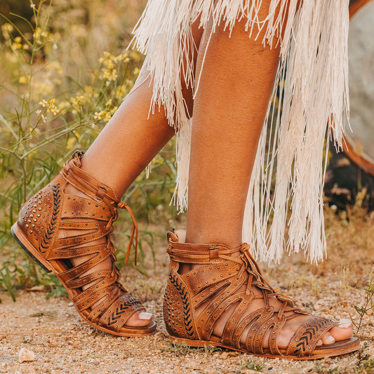 FREEBIRD STORES women's Swan wheat leather sandal with two toned leather, stud detailing and a leather lace front closure  