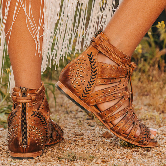FREEBIRD STORES women's Swan wheat leather sandal with two toned leather, stud detailing and a leather lace front closure 