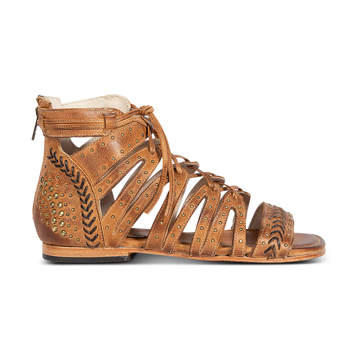 FREEBIRD STORES women's Swan wheat leather sandal with two toned leather, stud detailing and a leather lace front closure  
