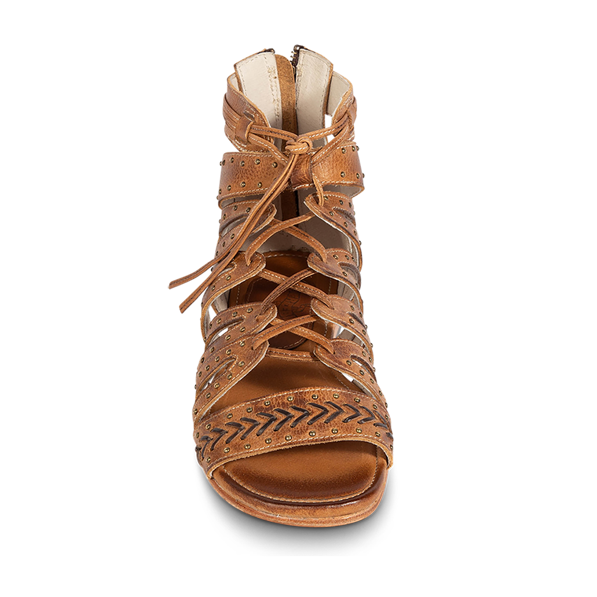 Front view showing FREEBIRD STORES women's Swan wheat leather sandal with stud detailing, leather lace front closure  and chevron stitch detailing
