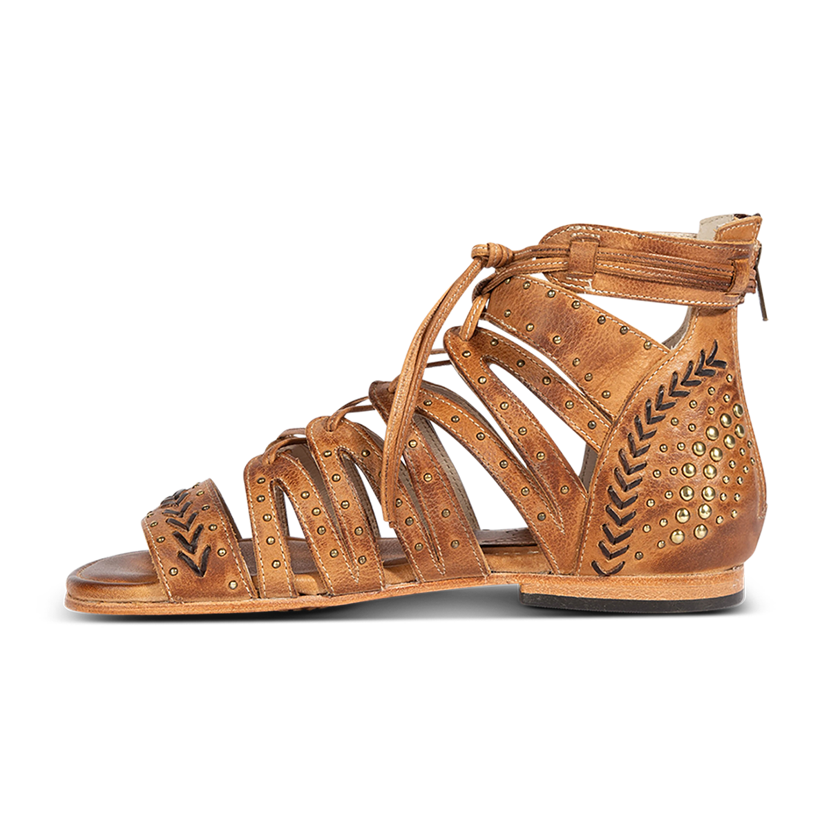 Inside view showing FREEBIRD STORES women's Swan wheat leather sandal with two toned leather, stud detailing and a leather lace front closure 