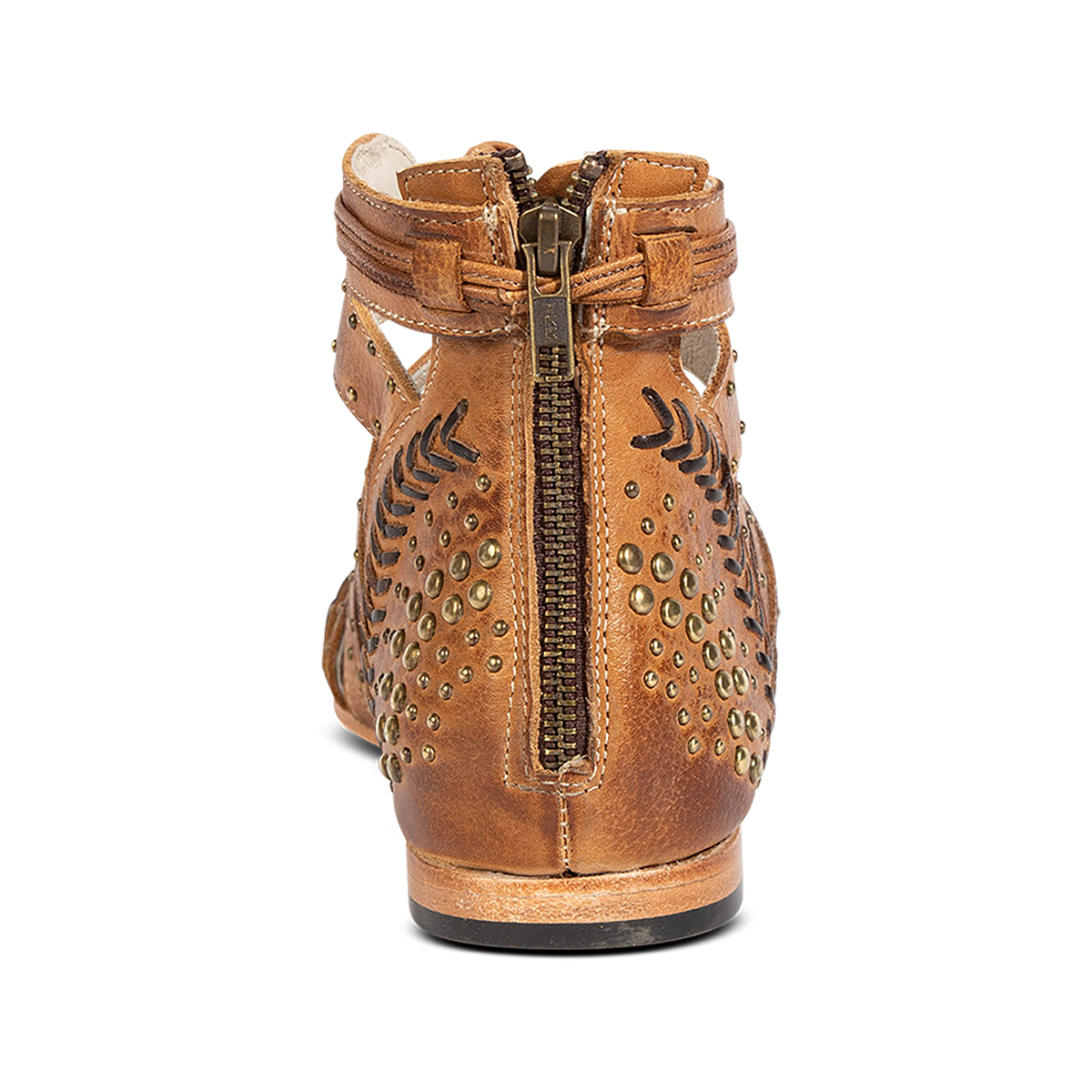 Back view showing FREEBIRD STORES women's Swan wheat leather sandal with two toned leather, stud detailing and a brass zipper closure