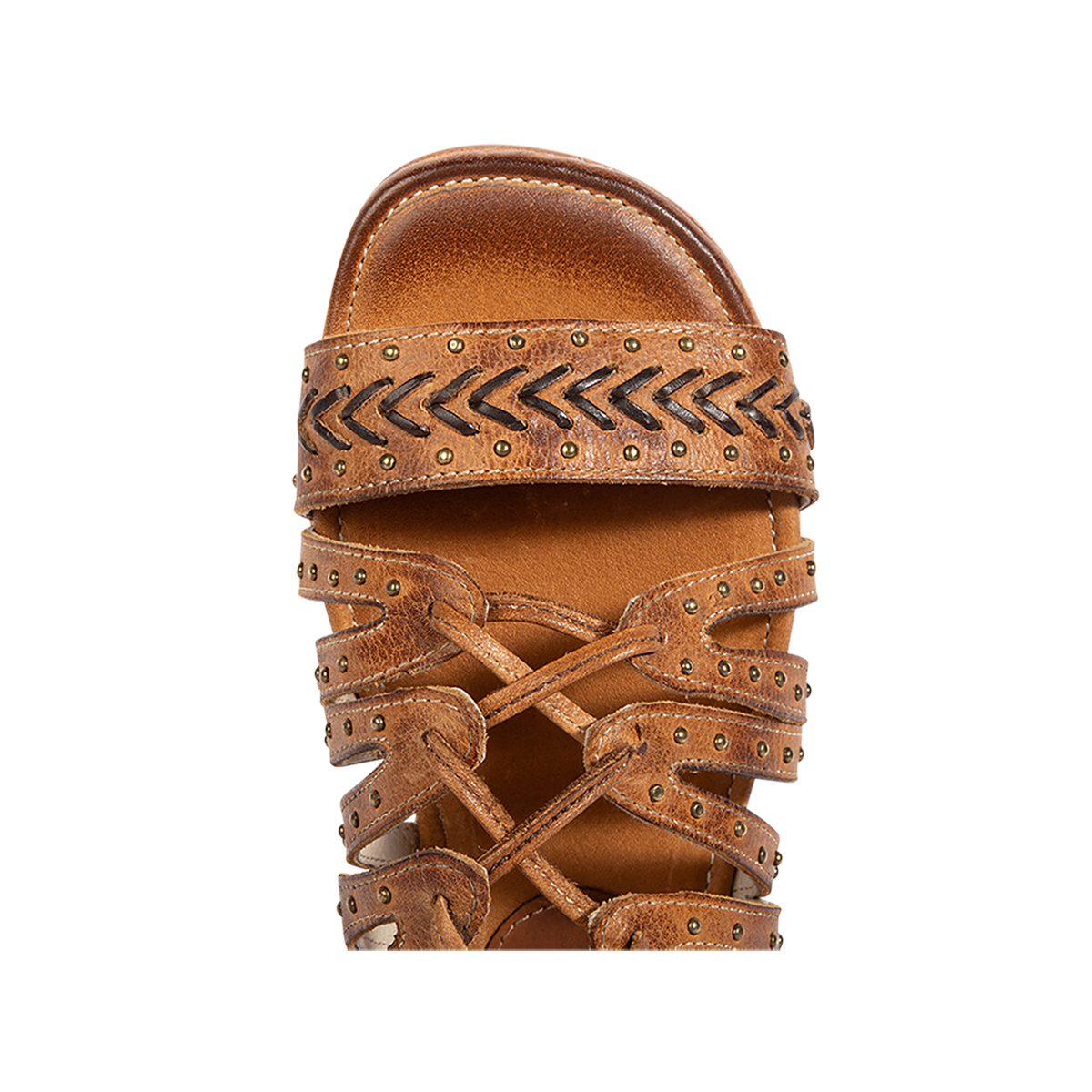 Top view showing chevron stitching, stud embellishments and open toe construction on FREEBIRD women's Swan wheat leather sandal 