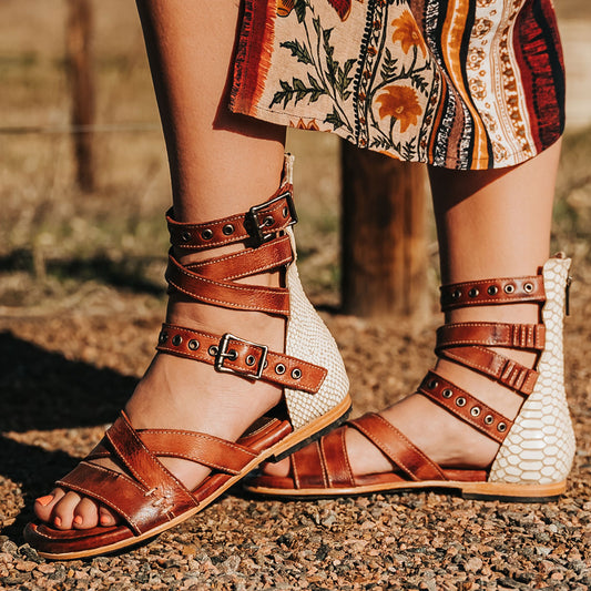 FREEBIRD women's Sydney rust multi leather gladiator sandal with adjustable leather straps and an abstract back panel