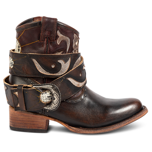 FREEBIRD women's Tash brown multi leather bootie with an inside working zipper, removable belt and laser cut detailing