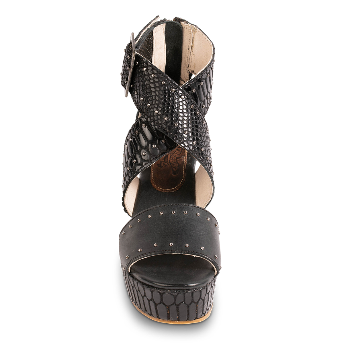 Front view showing cross-over ankle straps on FREEBIRD women's Terra black snake platform sandal with wedge heel and stud detailing