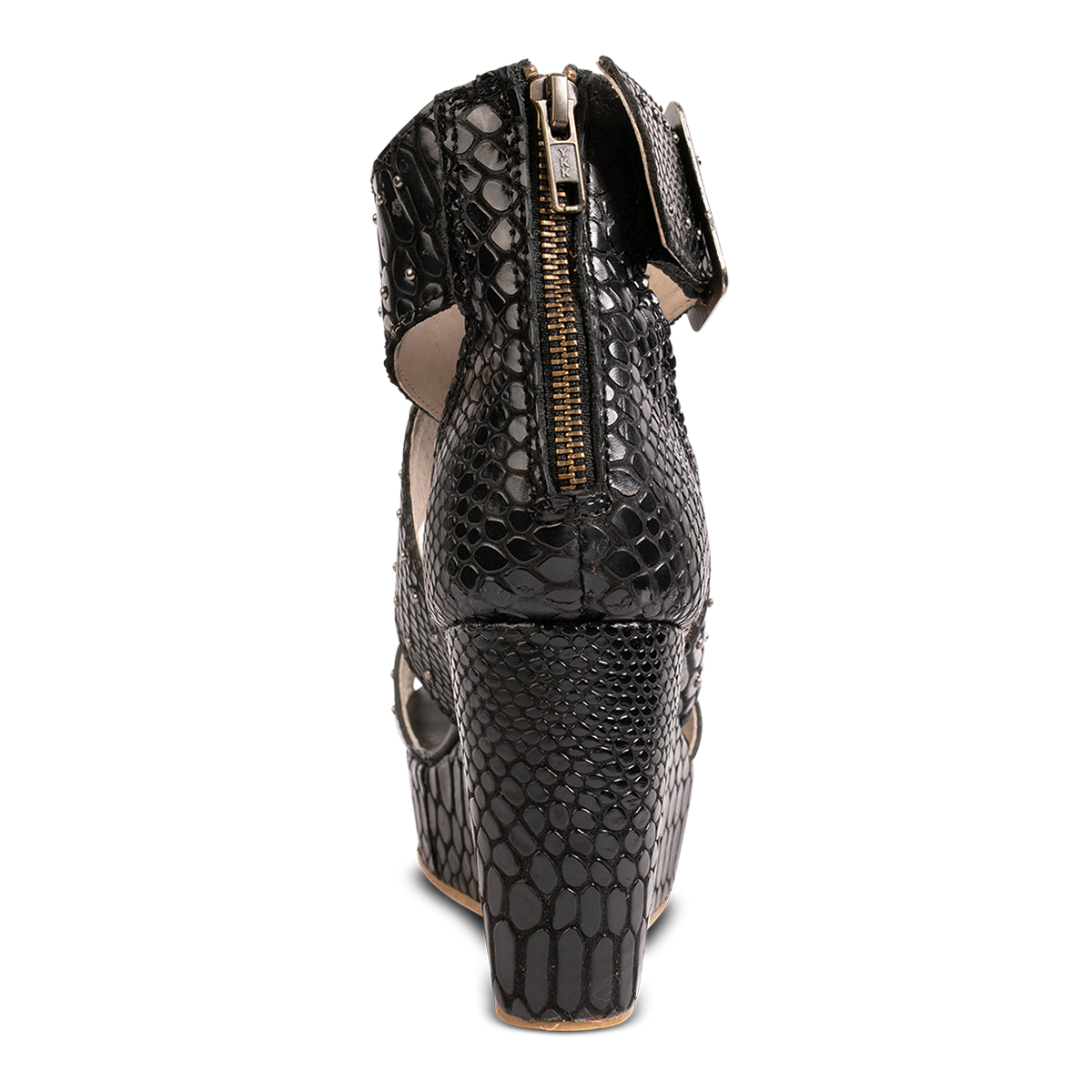 Back view showing wedge heel and zipper closure on FREEBIRD women's Terra black snake platform sandal with stud detailing