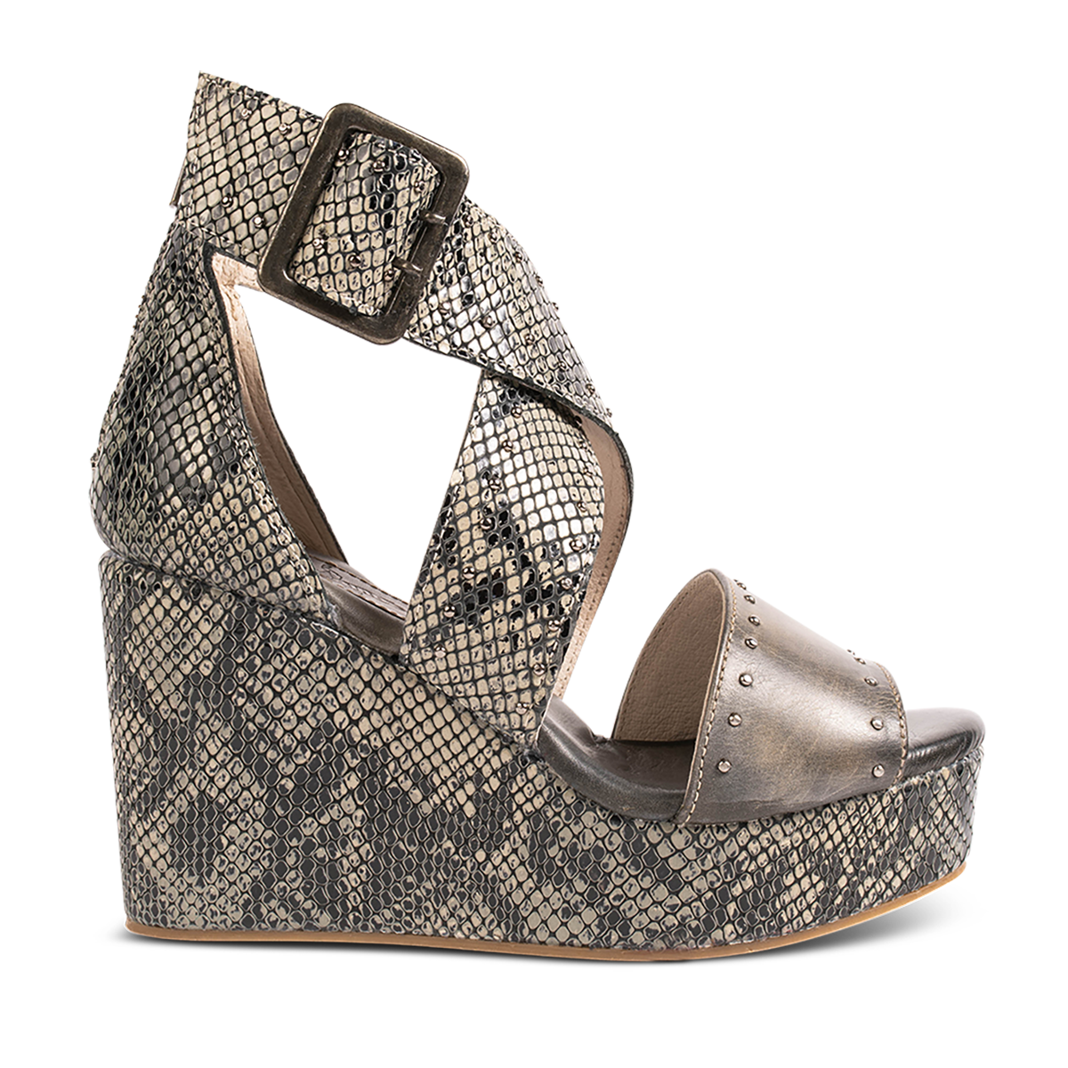 FREEBIRD women's Terra olive snake multi platform sandal with wedge heel, an adjustable ankle strap, and stud detailing