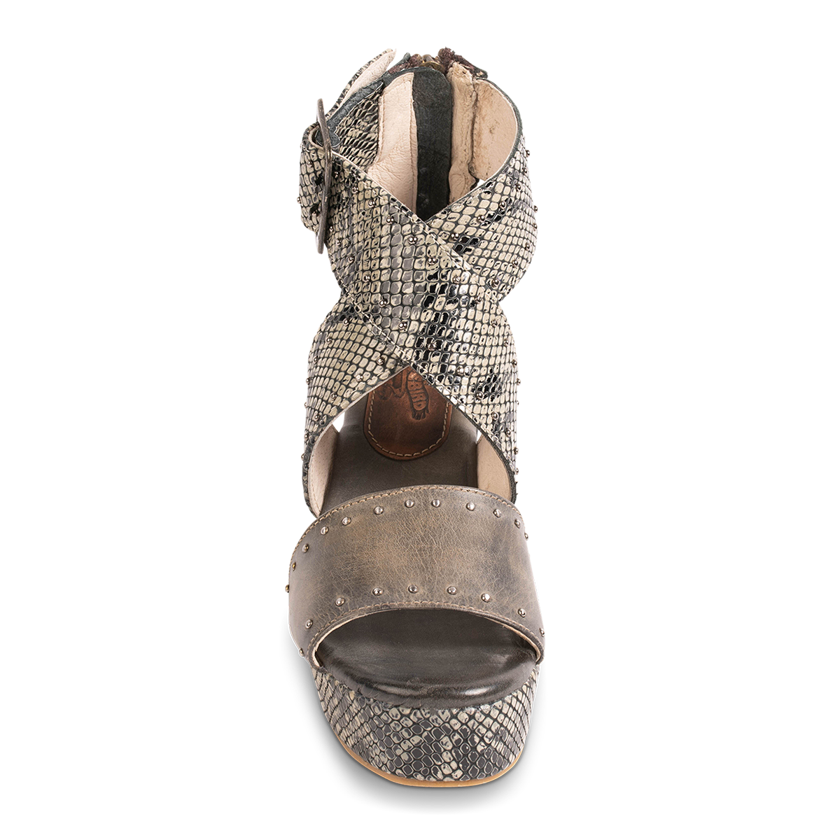 Front view showing cross-over ankle straps on FREEBIRD women's Terra olive snake multi platform sandal with wedge heel and stud detailing