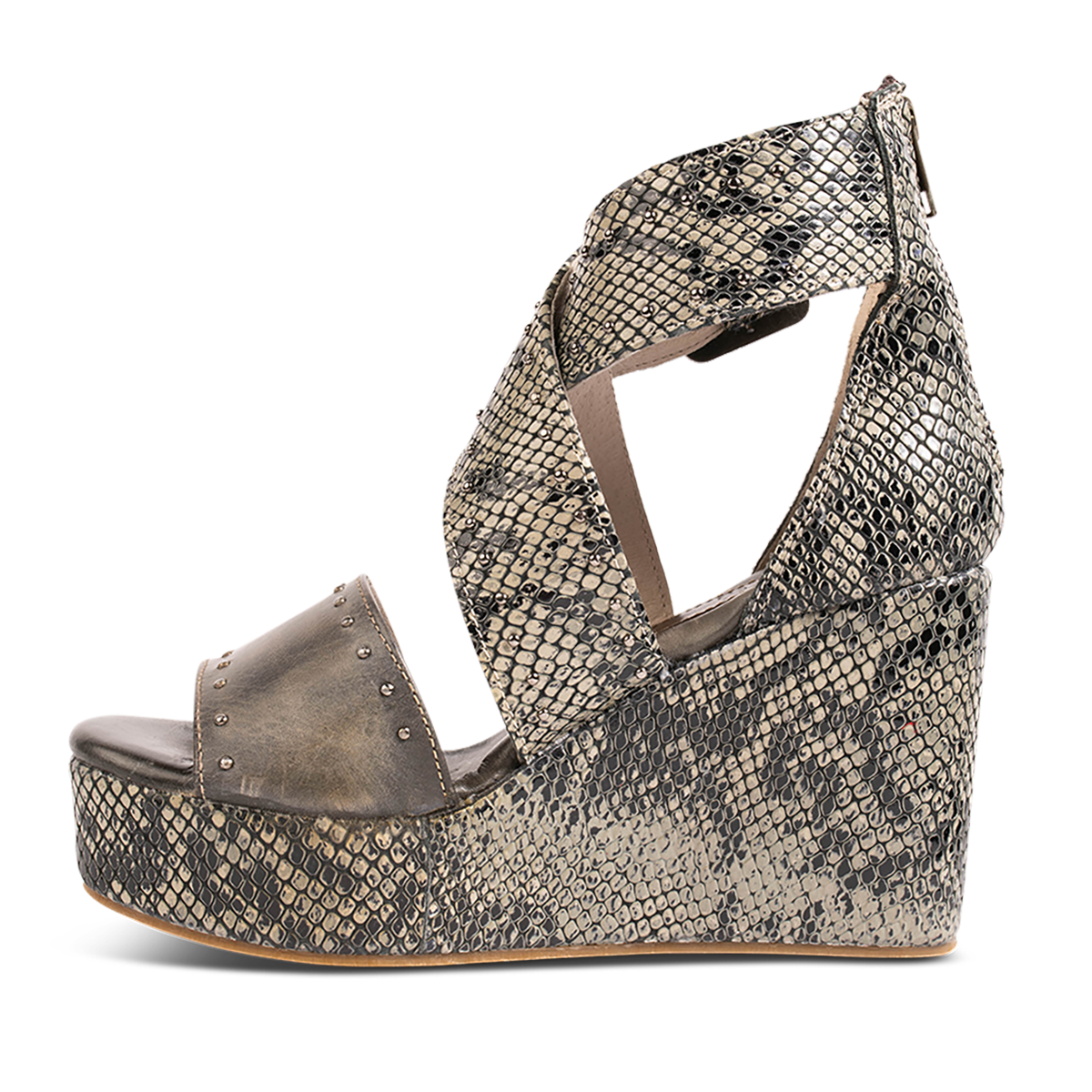 Inside view showing wedge heel and ankle straps on FREEBIRD women's Terra olive snake multi platform sandal with stud detailing
