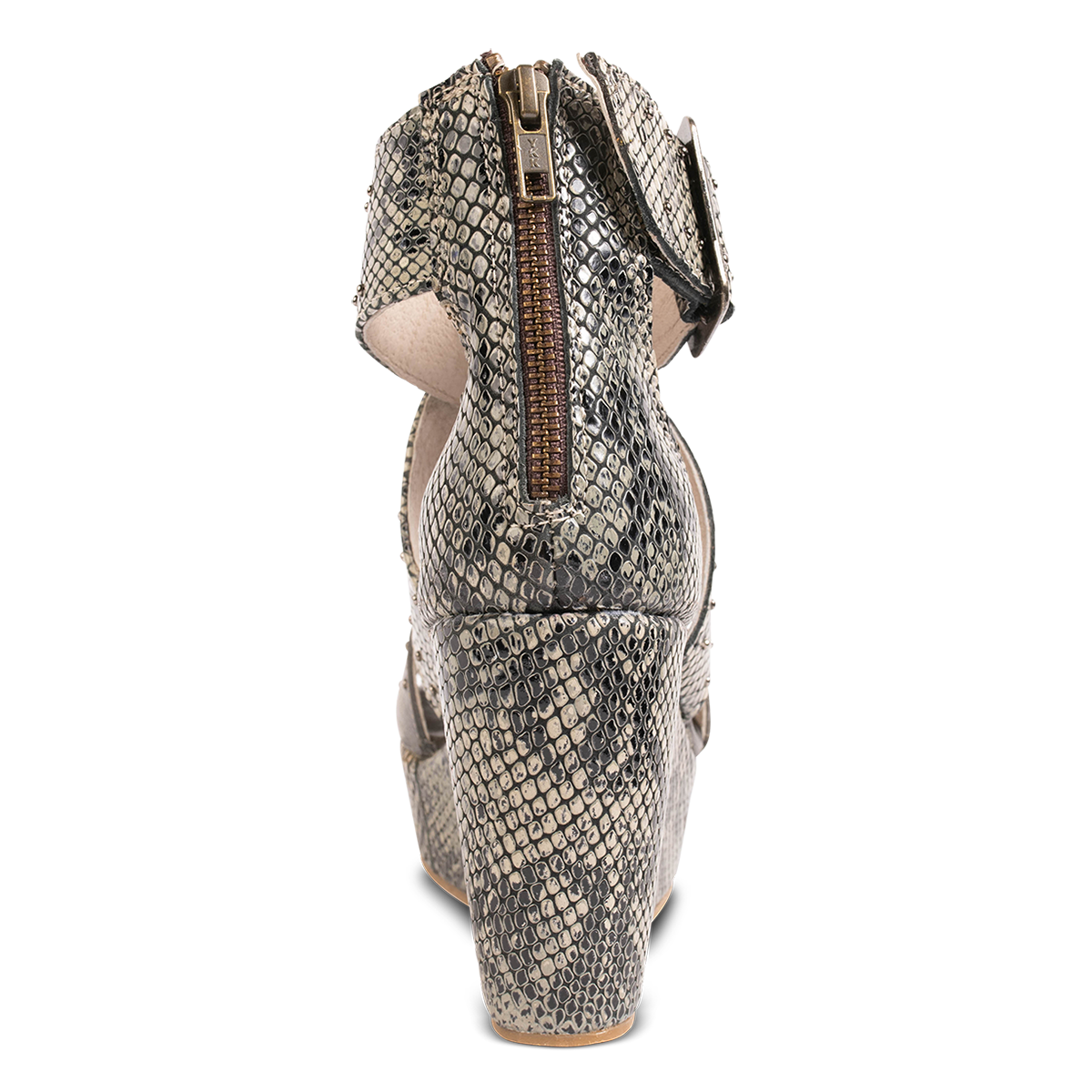 Back view showing wedge heel and zipper closure on FREEBIRD women's Terra olive snake multi platform sandal with stud detailing