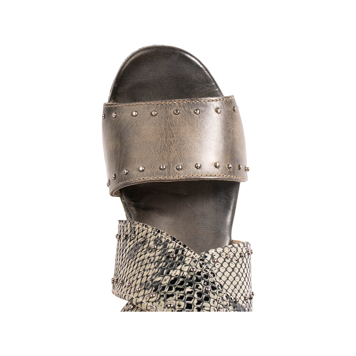 Top view showing toe strap with stud detailing on FREEBIRD women's Terra olive snake multi platform sandal with stud detailing
