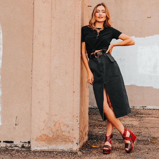 FREEBIRD women's Terra red croco multi platform sandal with wedge heel, an adjustable ankle strap, and stud detailing lifestyle
