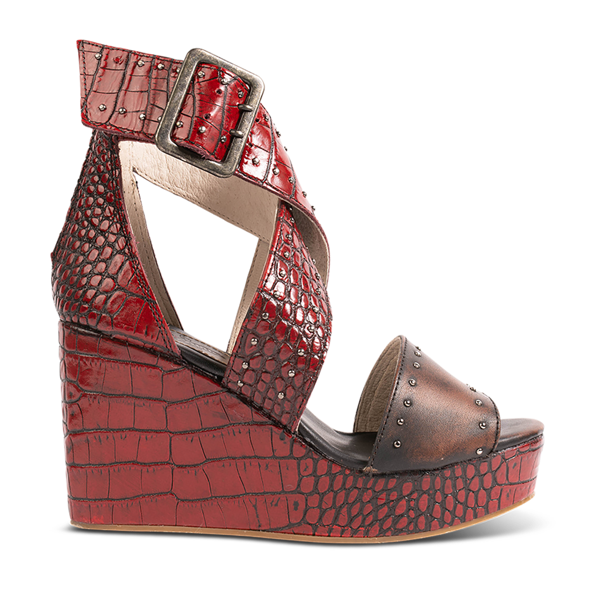 FREEBIRD women's Terra red croco multi platform sandal with wedge heel, an adjustable ankle strap, and stud detailing
