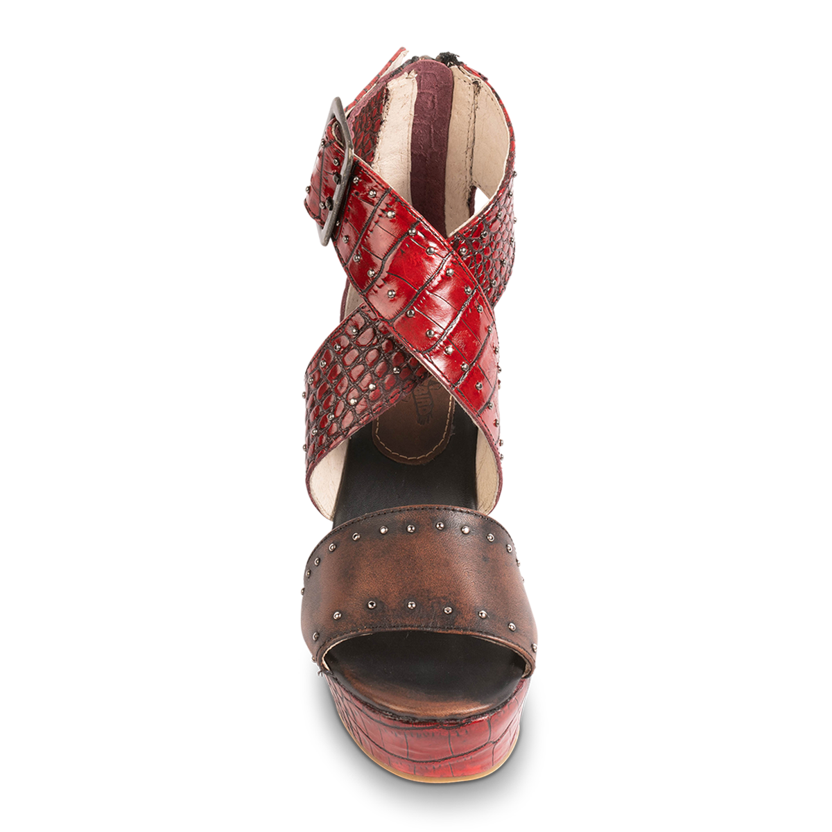 Front view showing cross-over ankle straps on FREEBIRD women's Terra red croco multi platform sandal with wedge heel and stud detailing