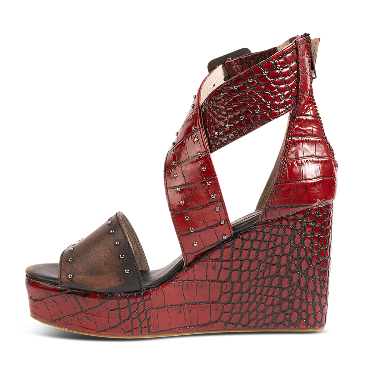 Inside view showing wedge heel and ankle straps on FREEBIRD women's Terra red croco multi platform sandal with stud detailing