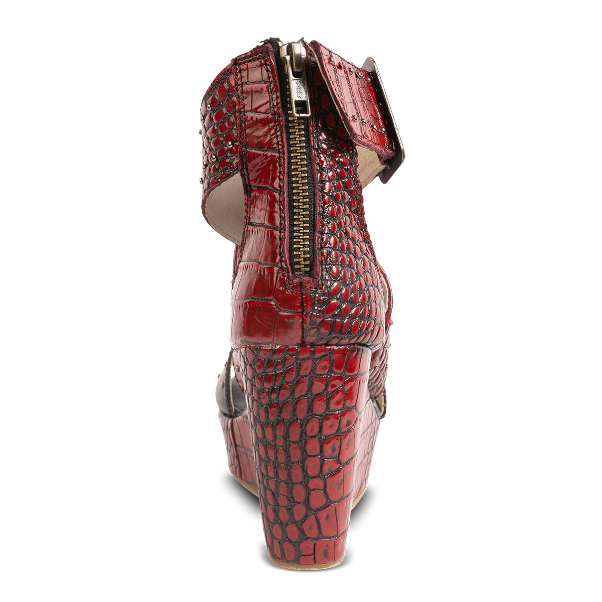 Back view showing wedge heel and zipper closure on FREEBIRD women's Terra red croco multi platform sandal with stud detailing