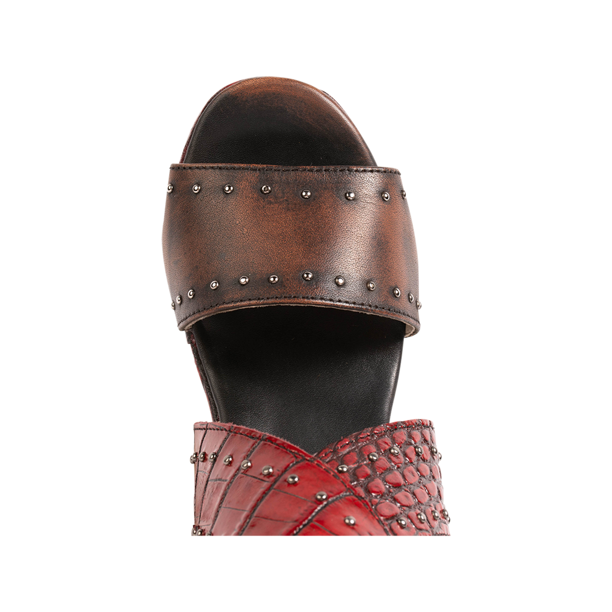 Top view showing toe strap with stud detailing on FREEBIRD women's Terra red croco multi platform sandal with stud detailing
