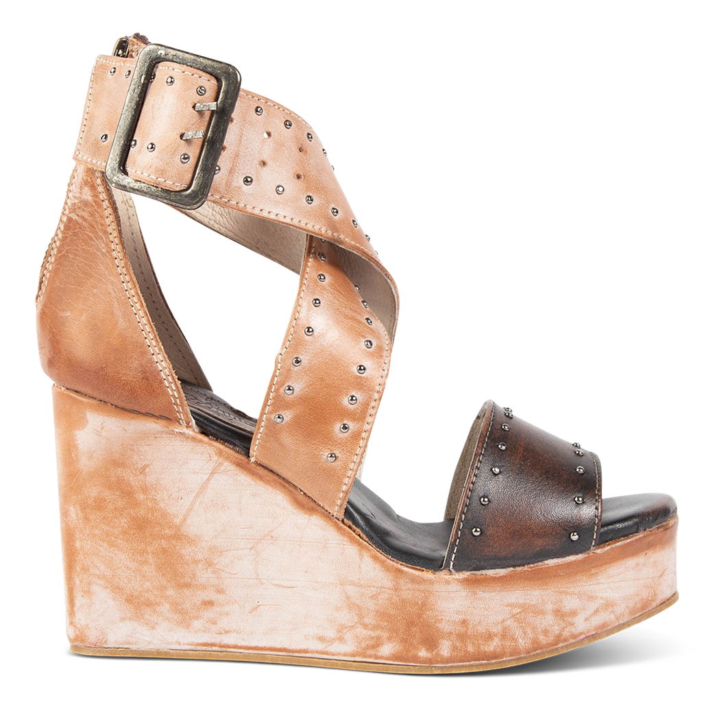FREEBIRD women's Terra taupe multi platform sandal with wedge heel, an adjustable ankle strap, and stud detailing 