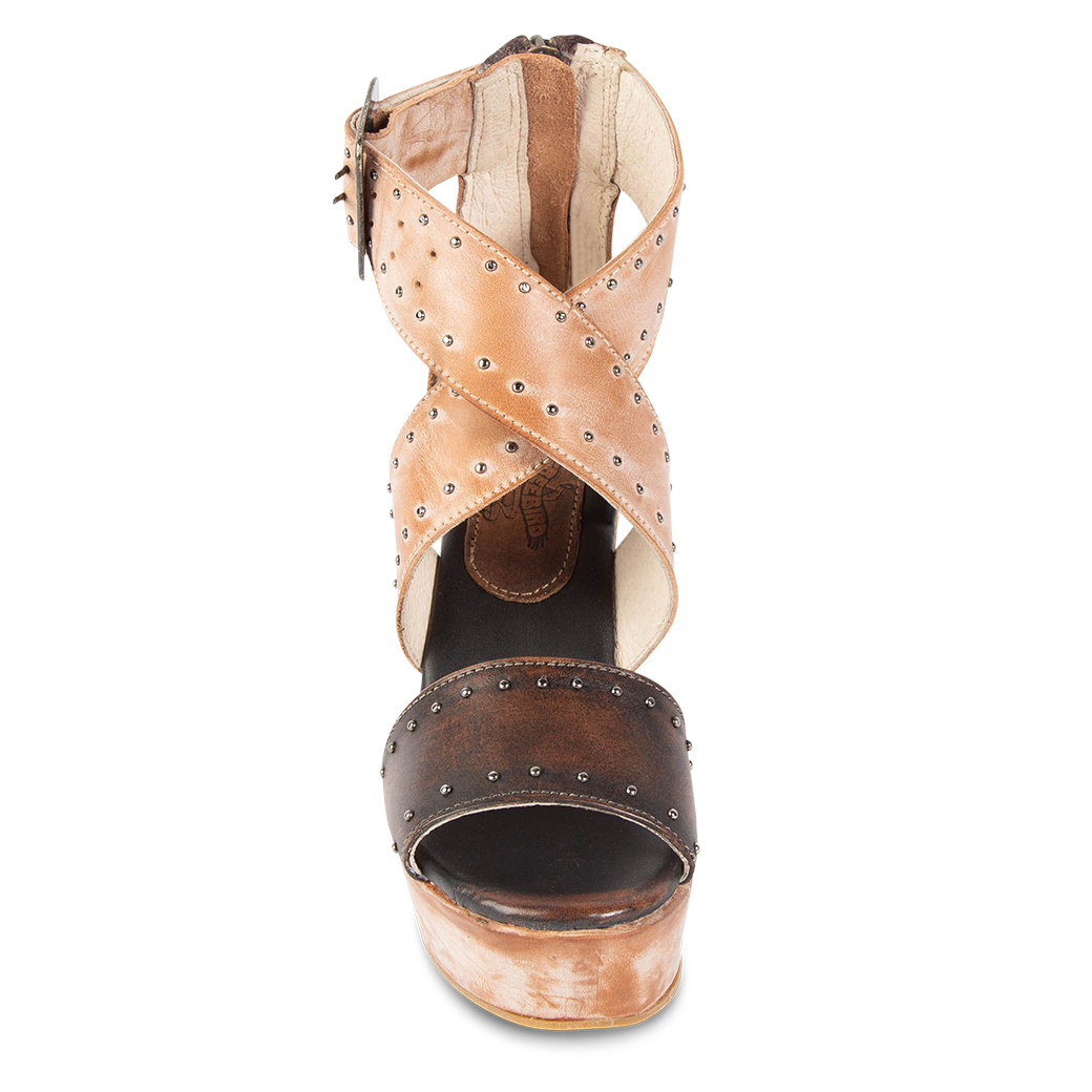 Front view showing cross-over ankle straps on FREEBIRD women's Terra taupe multi platform sandal with wedge heel and stud detailing