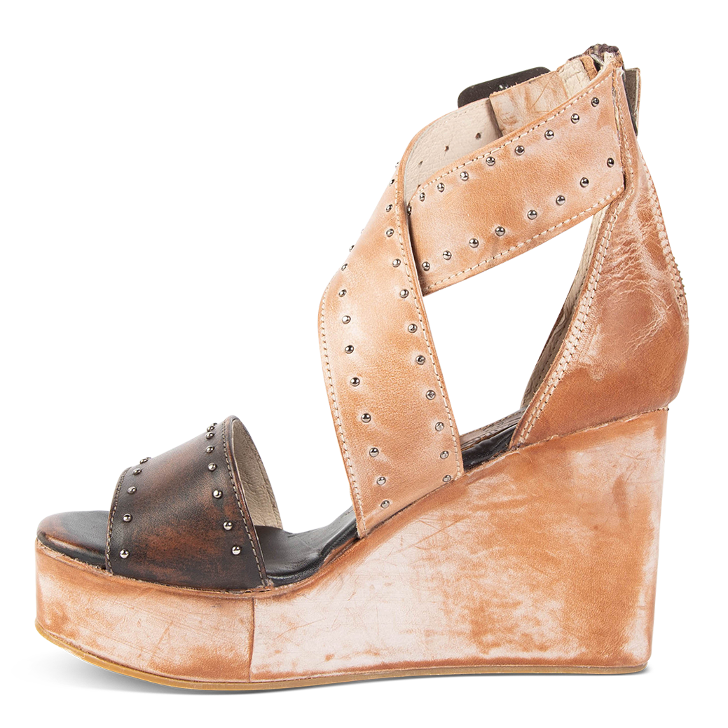 Inside view showing wedge heel and ankle straps on FREEBIRD women's Terra taupe multi platform sandal with stud detailing