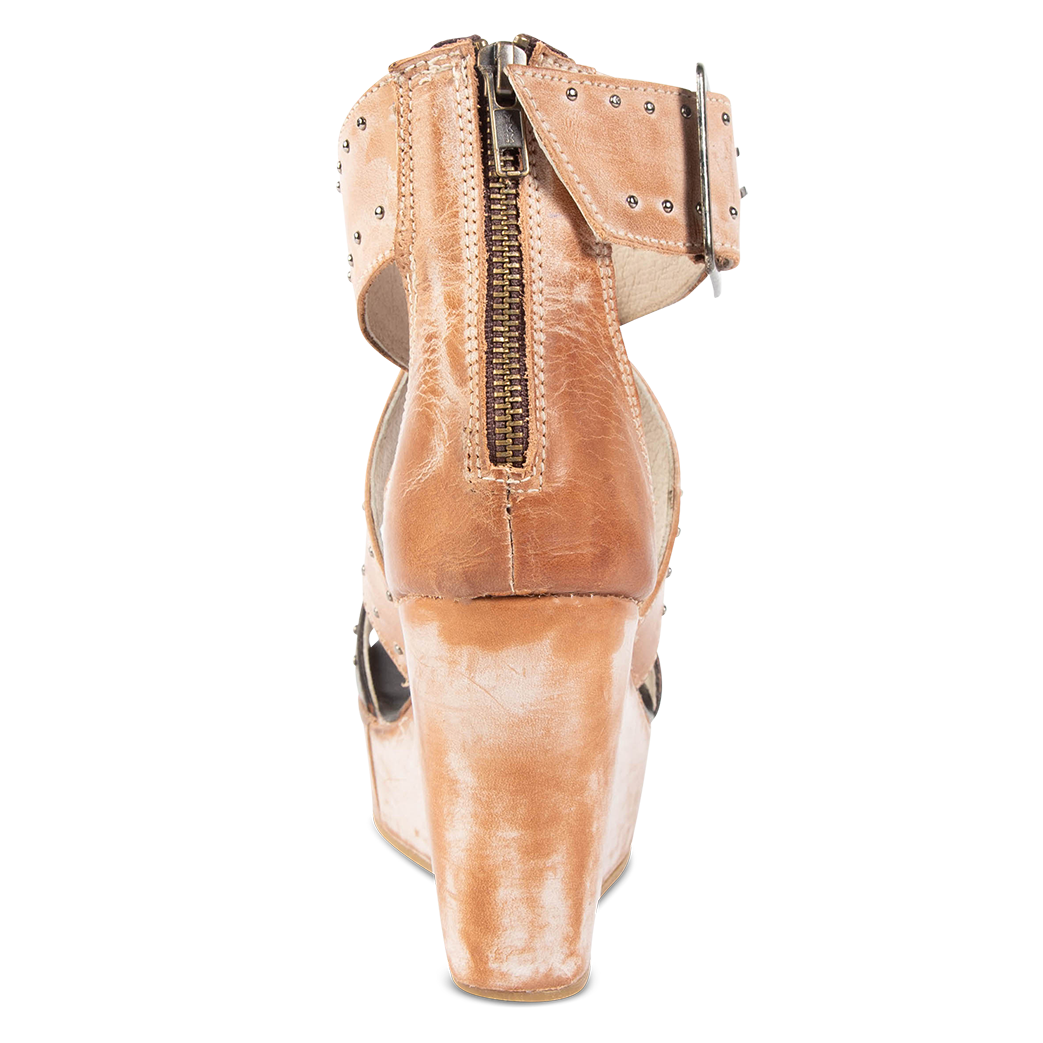 Back view showing wedge heel and zipper closure on FREEBIRD women's Terra taupe multi platform sandal with stud detailing