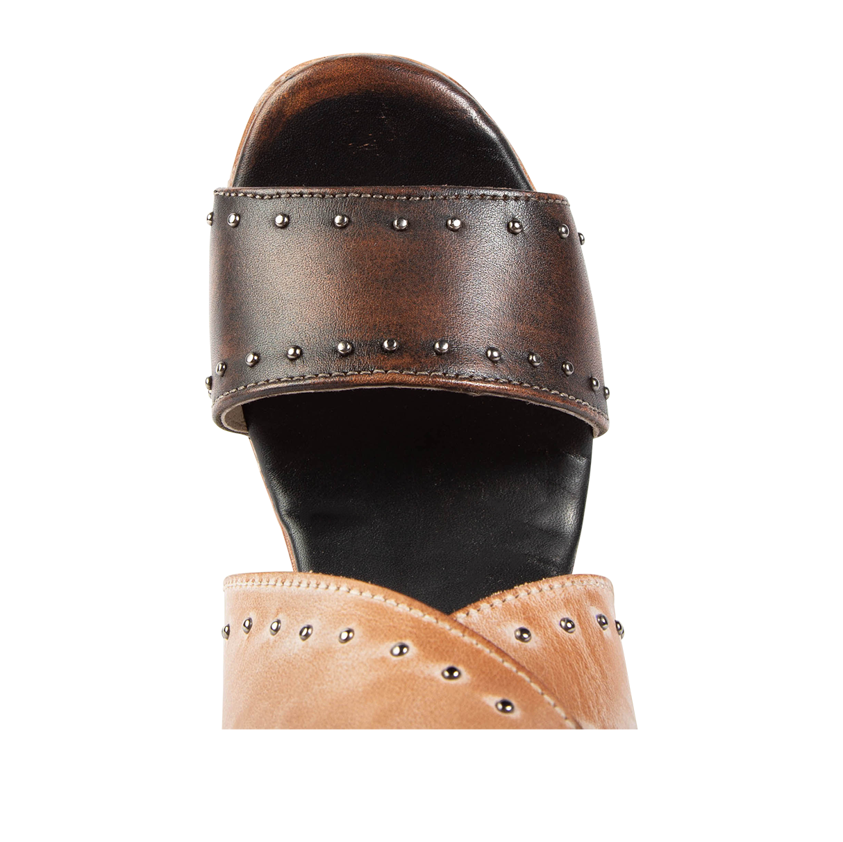 Top view showing toe strap with stud detailing on FREEBIRD women's Terra taupe multi platform sandal with stud detailing