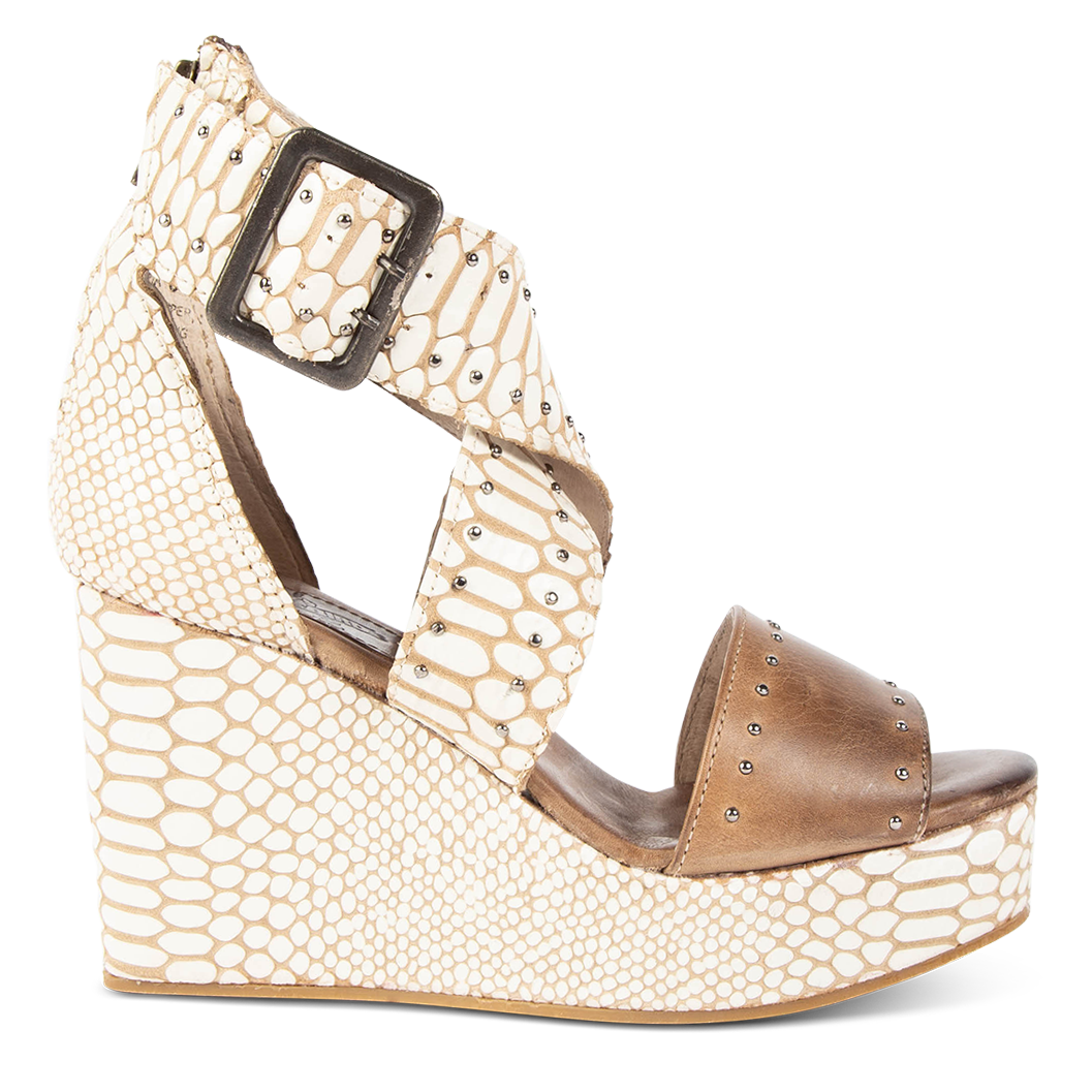 FREEBIRD women's Terra white snake multi platform sandal with wedge heel, an adjustable ankle strap, and stud detailing