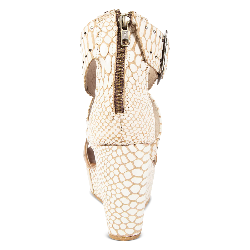 Back view showing wedge heel and zipper closure on FREEBIRD women's Terra white snake multi platform sandal with stud detailing