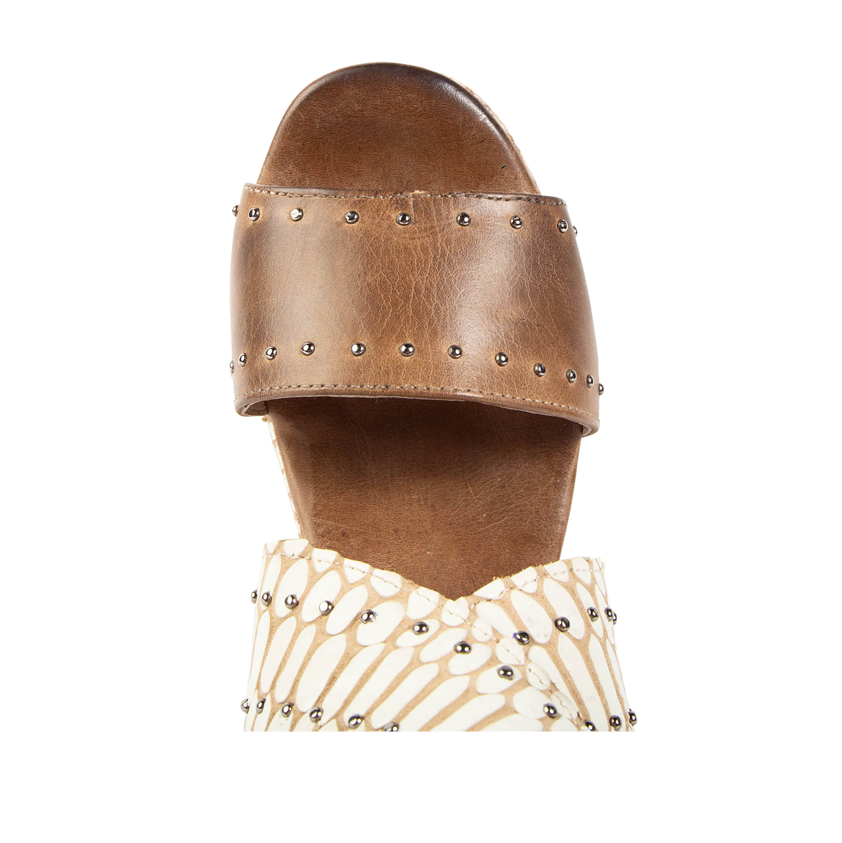 Top view showing toe strap with stud detailing on FREEBIRD women's Terra white snake multi platform sandal with stud detailing