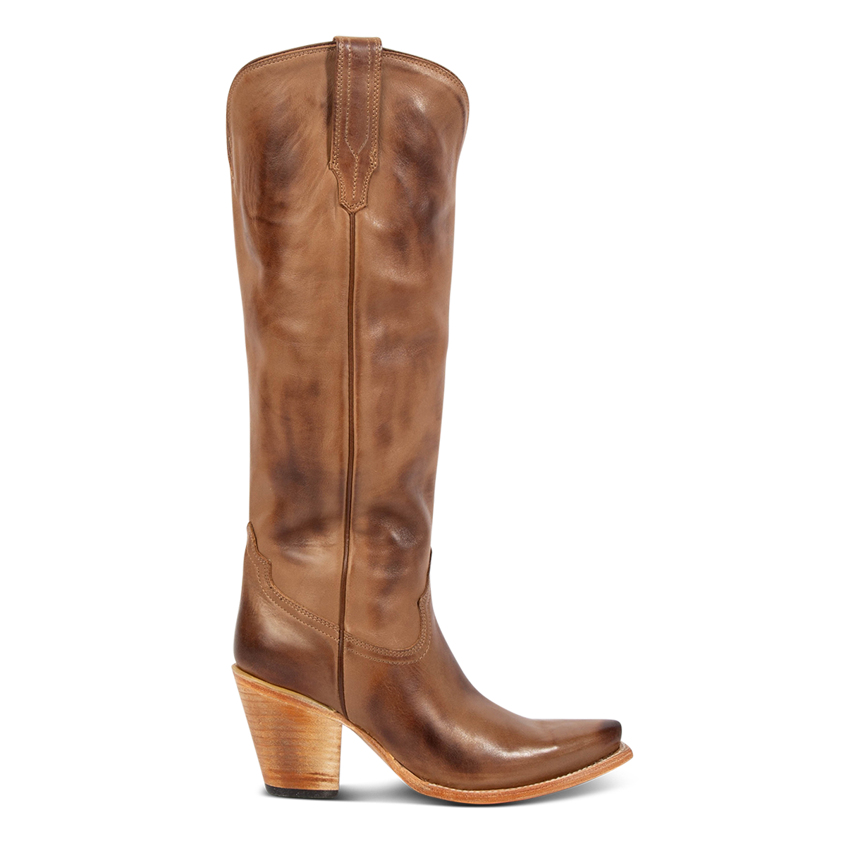 THUNDERBIRD beige leather tall heeled boots featuring a zip-up design, metallic accents, and a western cowboy style.