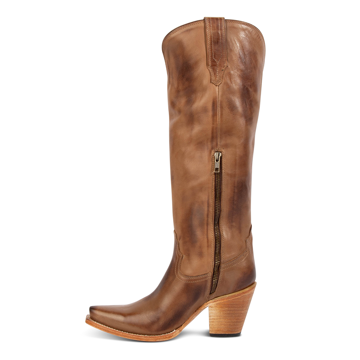 THUNDERBIRD beige leather tall heeled boots featuring a zip-up design, embroidered details, and a western style.
