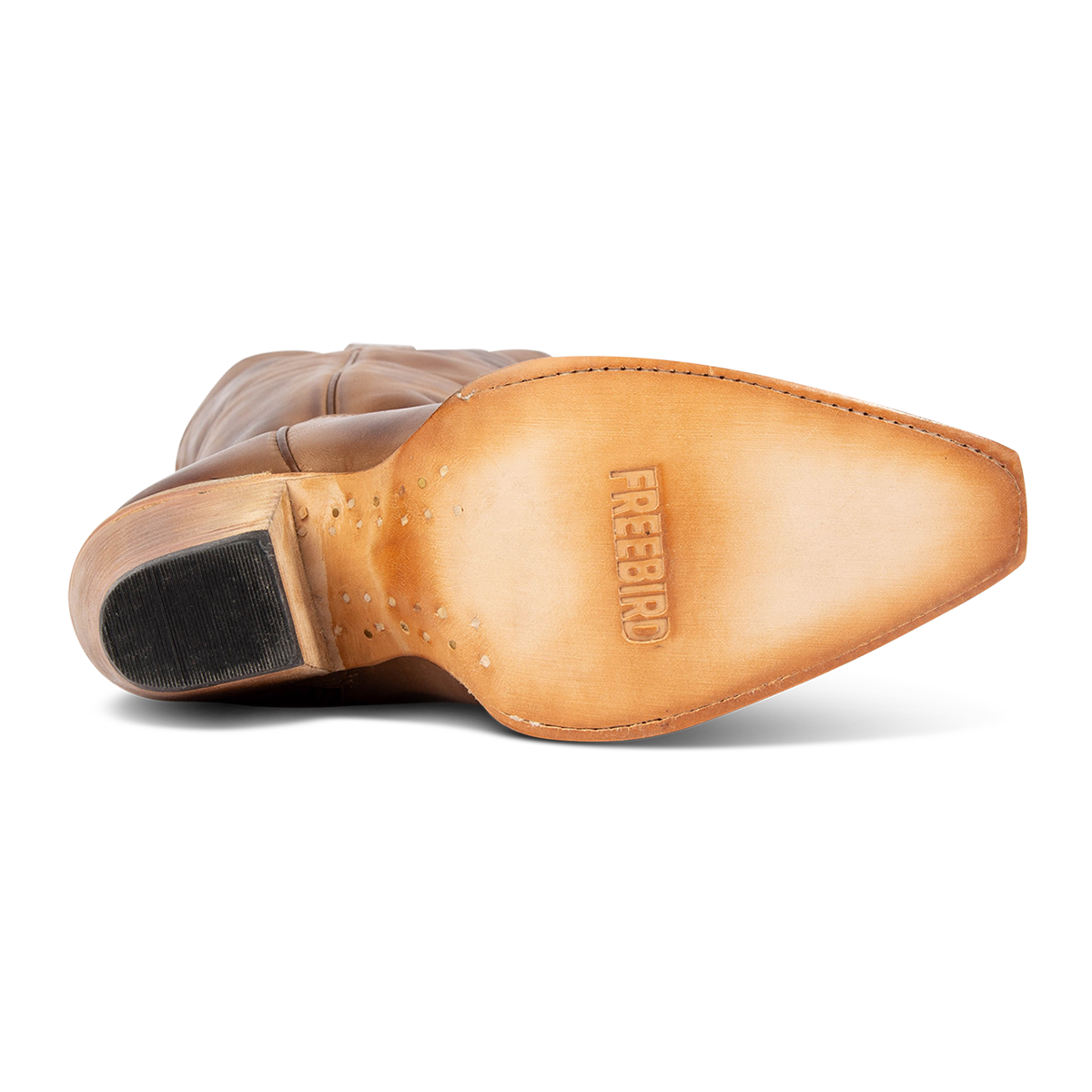 THUNDERBIRD beige tall leather heeled boots featuring a zip-up design, side stitching, and western style.