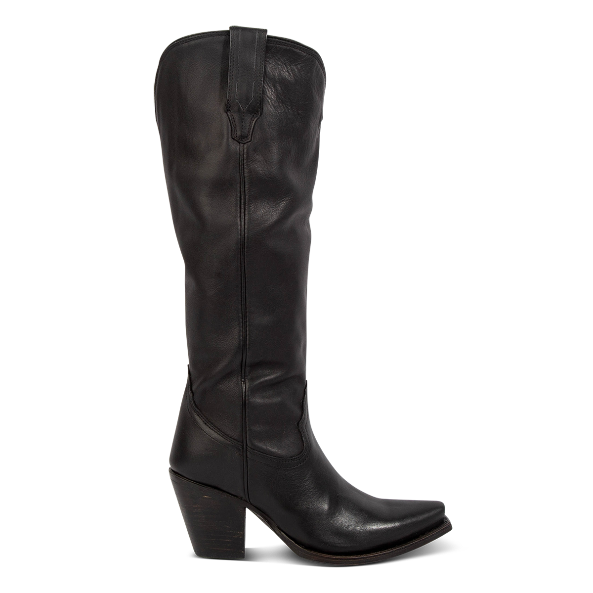 FREEBIRD women's Thunderbird black tall leather boot with working inside brass zipper and inverted heel 