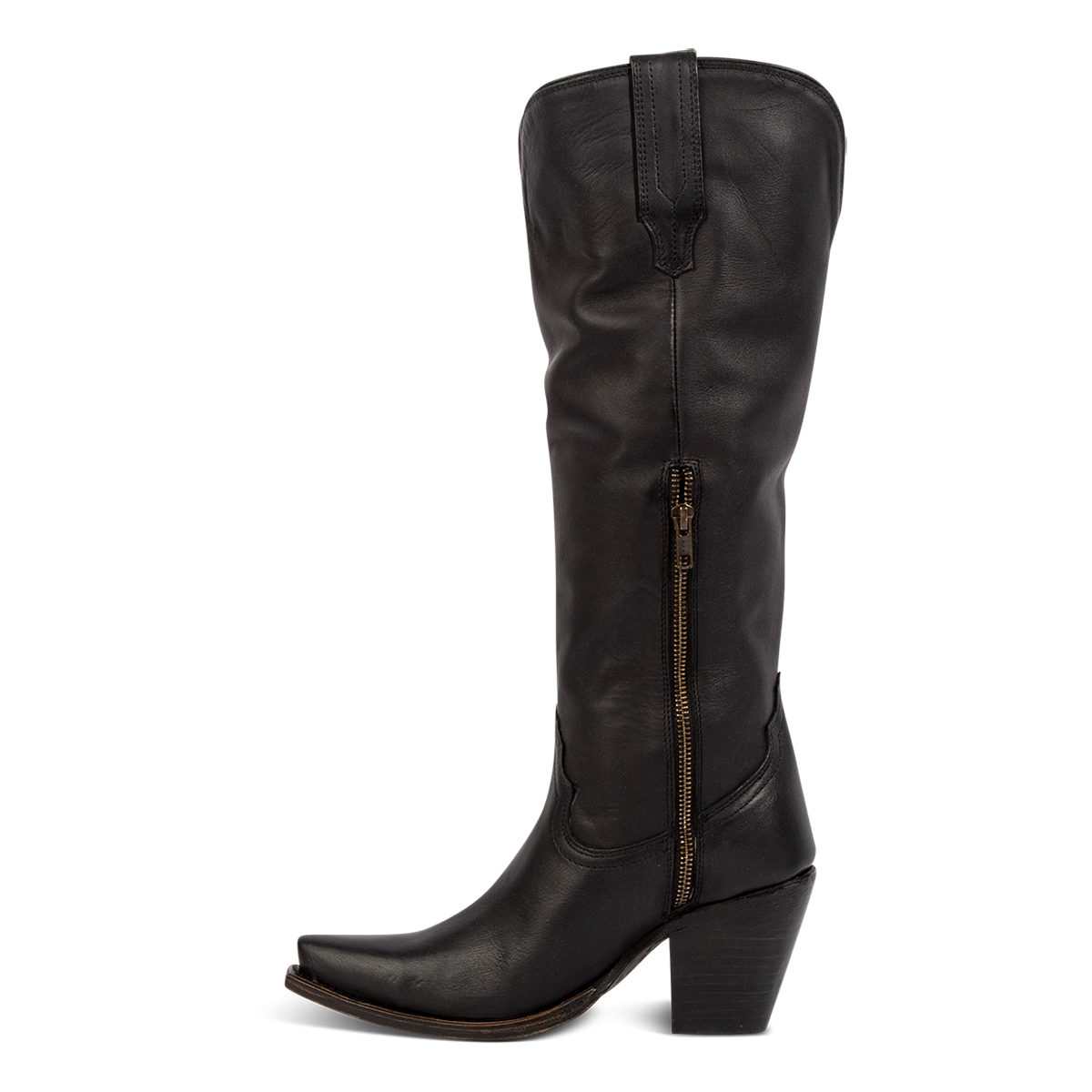 Inside view showing FREEBIRD women's Thunderbird black tall leather premium boot with working inside brass zipper and inverted heel 