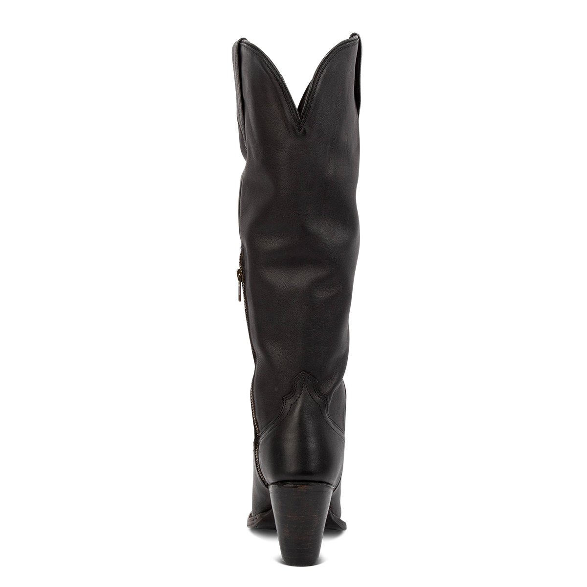 Back view showing FREEBIRD women's Thunderbird black tall leather premium boot with a lifted heel and back shaft dip