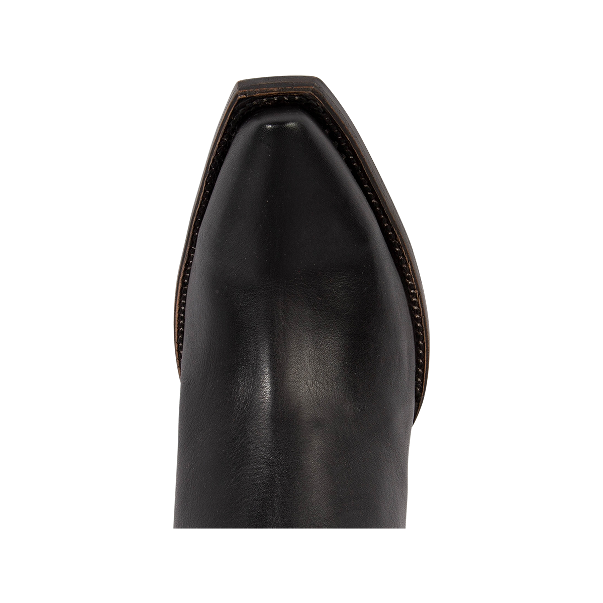 Top view showing snip toe construction on FREEBIRD women's Thunderbird tall leather premium black boot