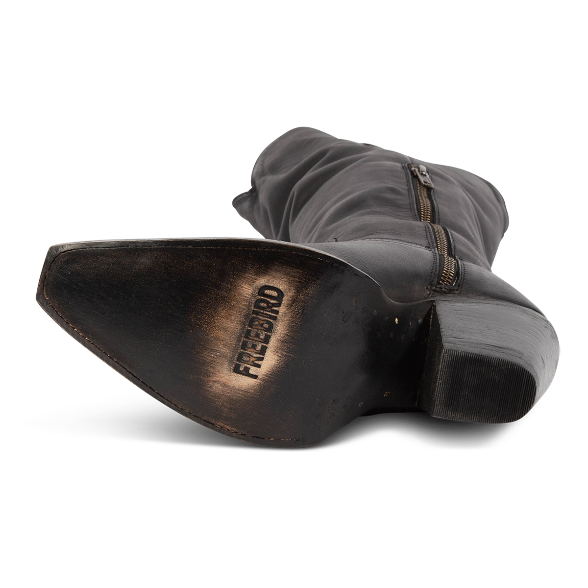 Leather sole imprinted with FREEBIRD on women's Thunderbird black tall leather premium boot