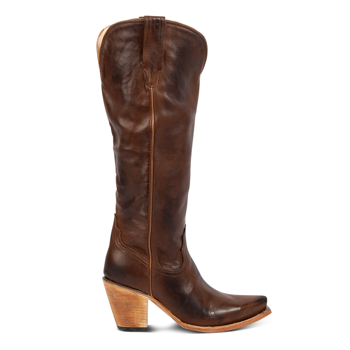 FREEBIRD women's Thunderbird brown tall leather premium boot with working inside brass zipper and inverted heel 