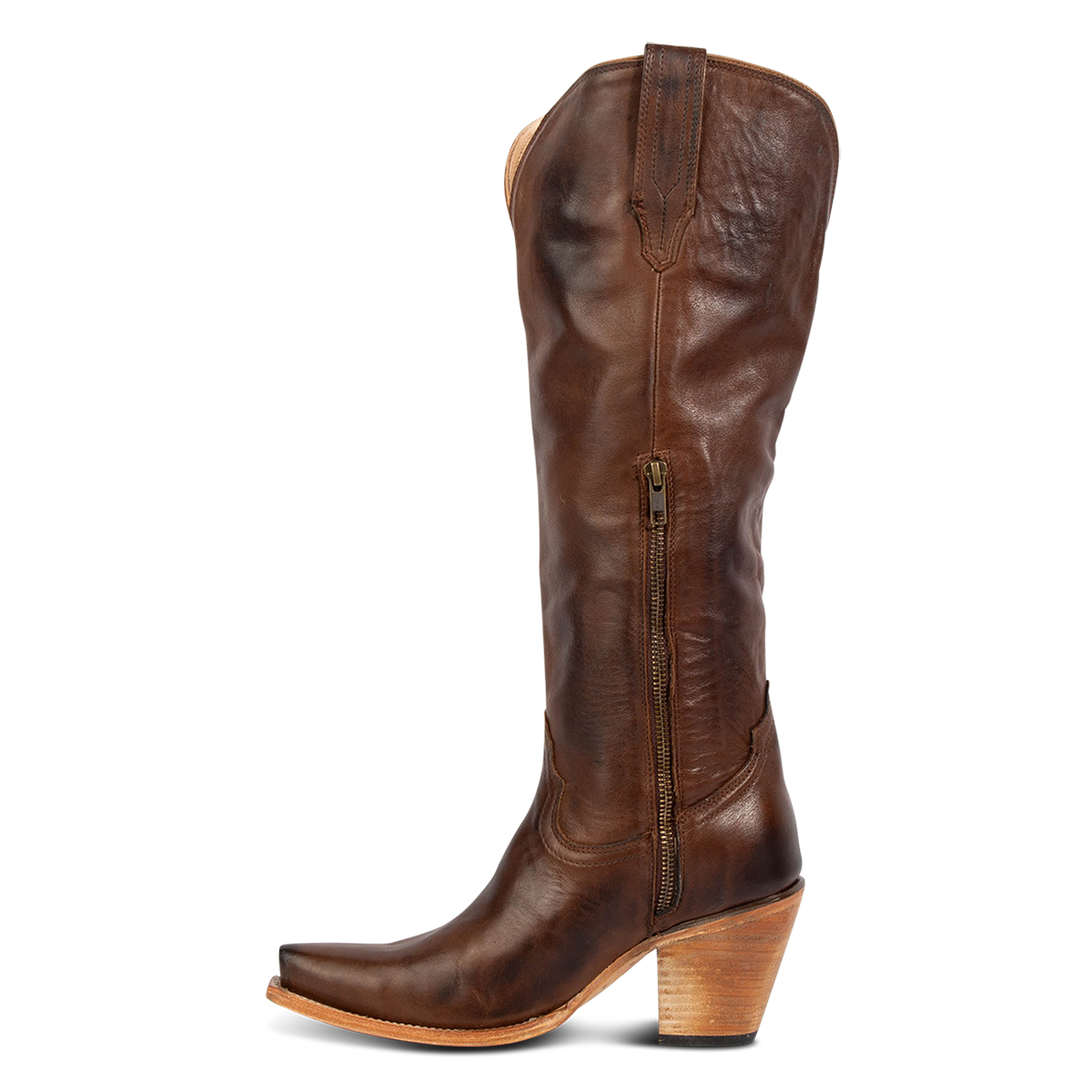 Inside view showing FREEBIRD women's Thunderbird brown tall leather premium boot with working inside brass zipper and inverted heel 