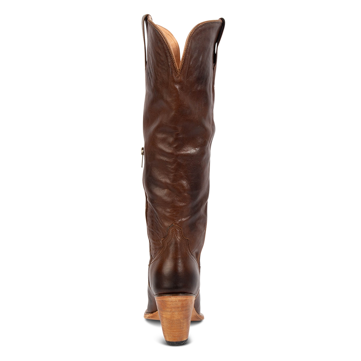 Back view showing FREEBIRD women's Thunderbird brown tall leather premium boot with a lifted heel and back shaft dip