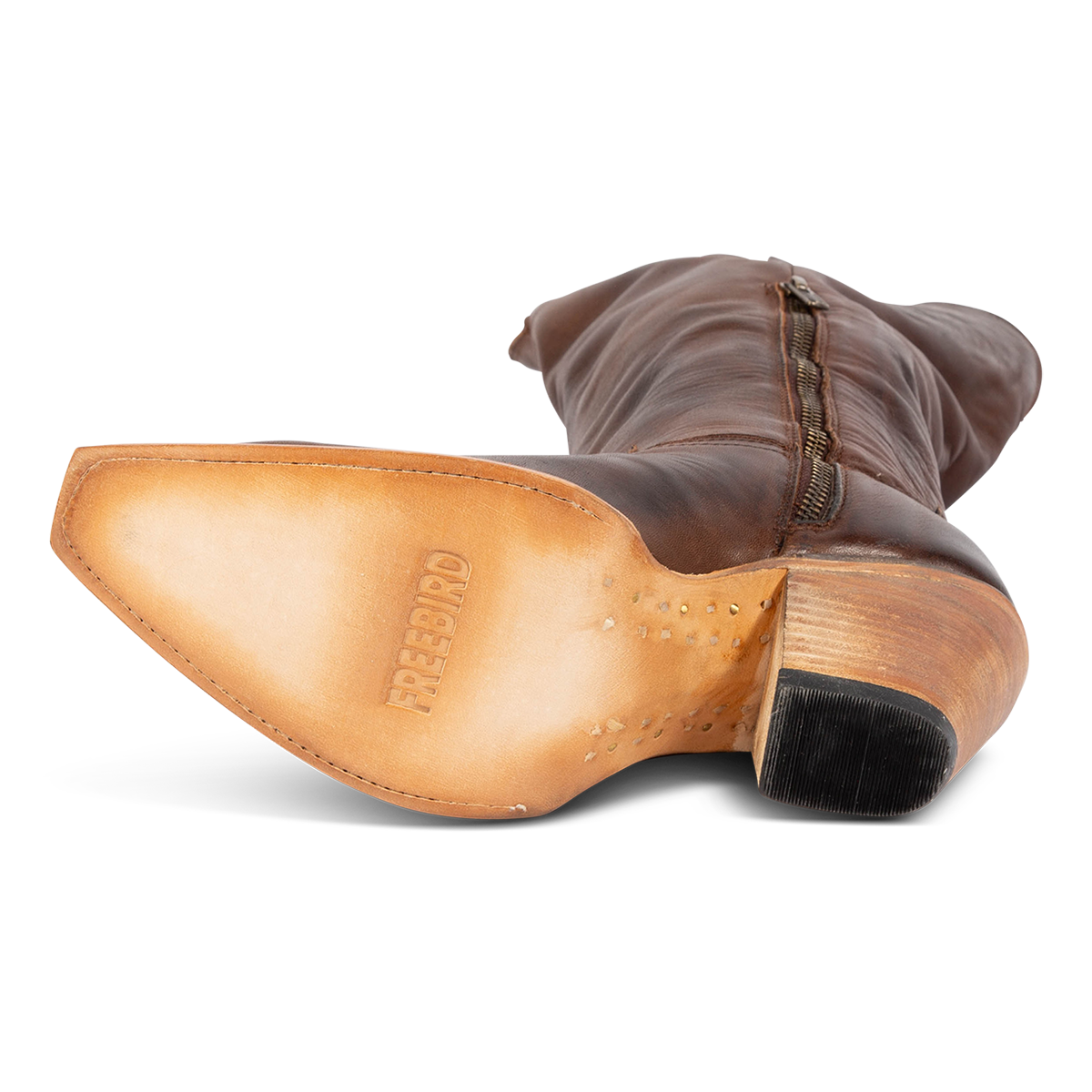 FREEBIRD wordmark on the leather sole of the Thunderbird tall boot