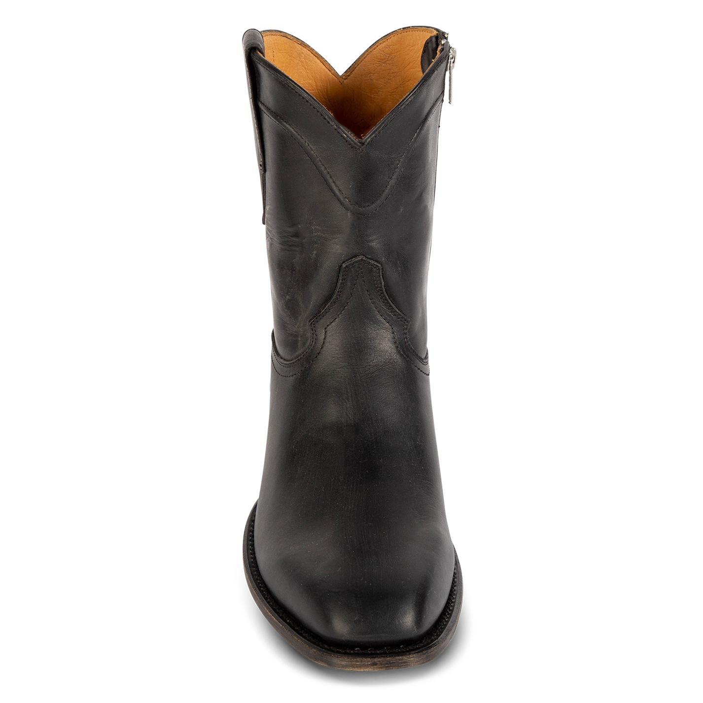 Front view showing scalloped dip leather detailing on FREEBIRD men's Tifton black low heeled mid calf boot 