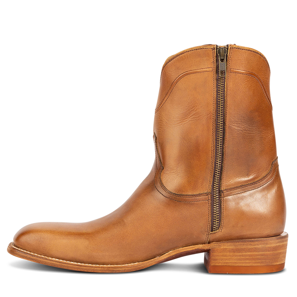 Inside view showing working brass zip closure on FREEBIRD men's Tifton camel low heeled mid calf boot