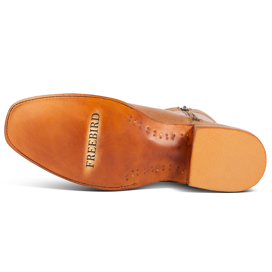 Leather imprinted sole on FREEBIRD men's Tifton camel mid calf boot